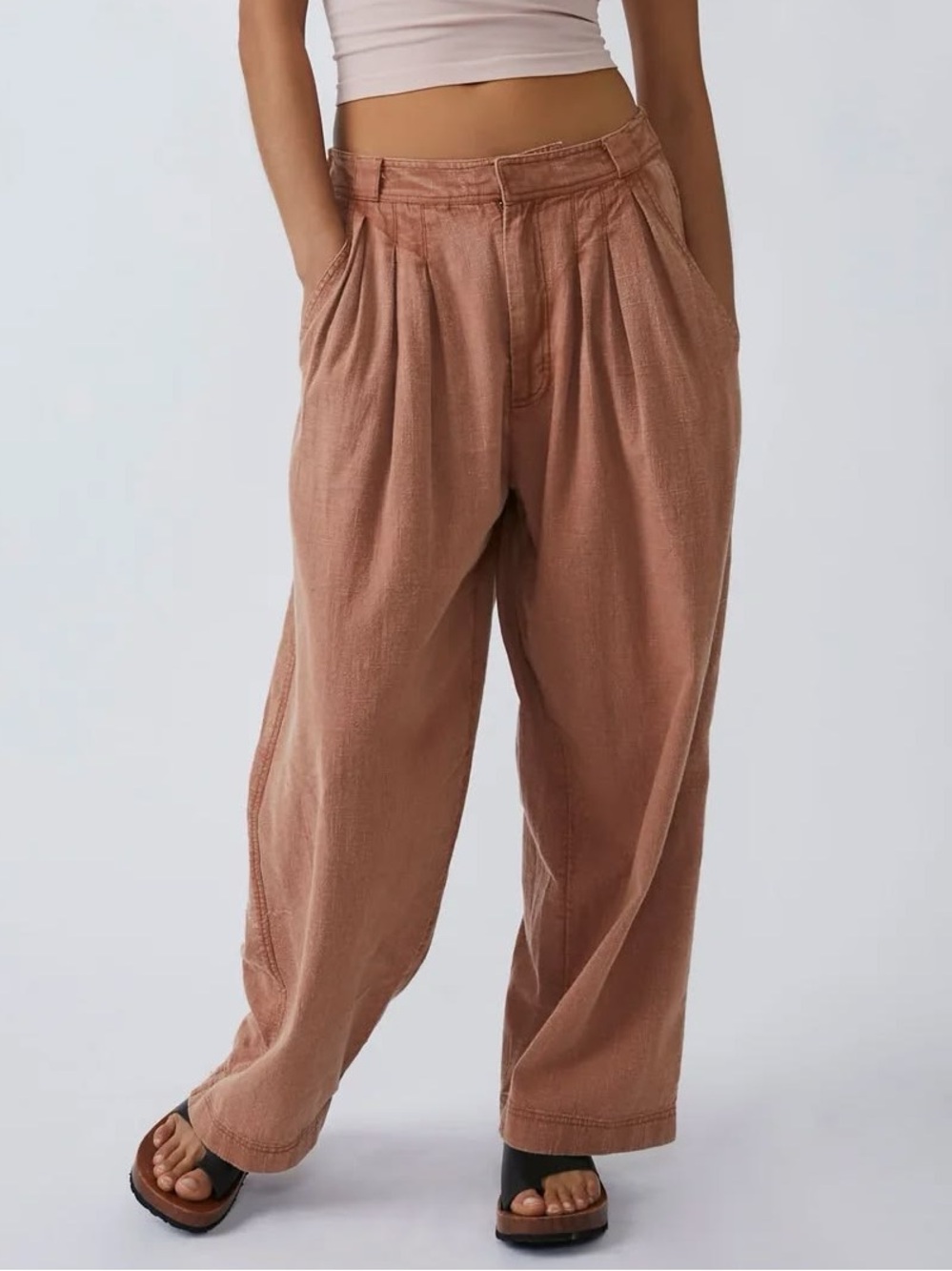 Free People Size 0 Brown Linen Blend Wide Leg Pants High Rise Relaxed Fit